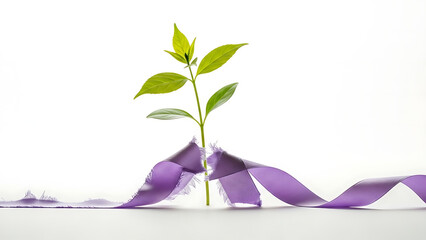 Small plant emerging from purple ribbon