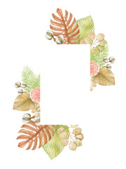 Watercolor Bohemian frame with botanical, tropical flowers, dried palm leaves and pampas grass illustration