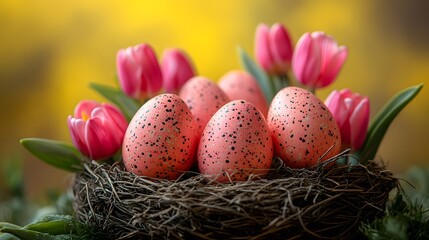 Easter eggs sitting in bird's nest with pink tulip flowers and yellow blurred background represent springtime
