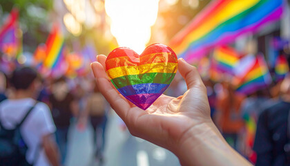 Rainbow heart in hand photorealistic scene with blurred crowd rainbow flags sunlight outdoor pride parade joyful LGBTQ celebration unity diversity love
