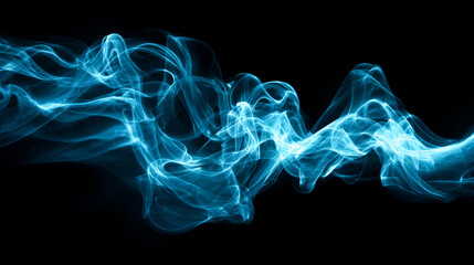 Blue flames of fire with dynamic smoke tendrils on a black background, showcasing vibrant glowing heat and swirling textures
