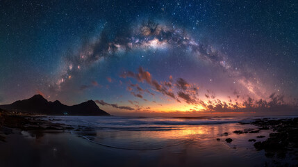 Fototapeta premium Breathtaking panoramic view of the milky way galaxy arching across the night sky over a tranquil coastal landscape during sunset