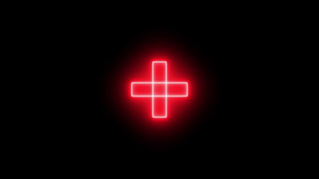 Glowing neon plus symbol icon simple positive plus icon animation with square, Medical cross icon animation on background...