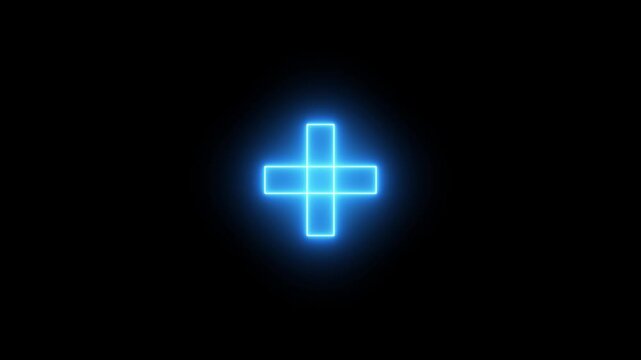 Glowing neon plus symbol icon simple positive plus icon animation with square, Medical cross icon animation on background...