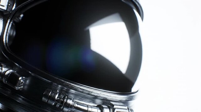 Extreme close-up slow motion shot detailing the highly reflective metallic surface of a deep space exploration helmet against a bright white void technology, bright white void, slow motion shot