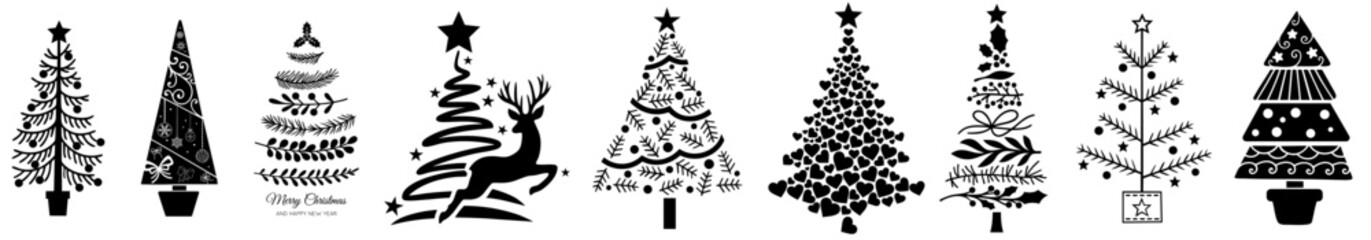 Christmas Tree Silhouettes Set, Decorative Fir and Pine Trees Collection, Stylized Evergreen Holiday Trees, Nordic Scandinavian Xmas Tree Shapes, Winter Forest © OS