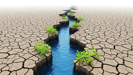 Water stream in dry cracked earth with green plants