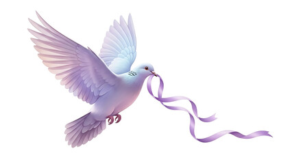 White dove flying with purple ribbon in beak