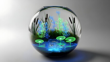 Miniature ecosystem inside a glass sphere with water plants and cattails