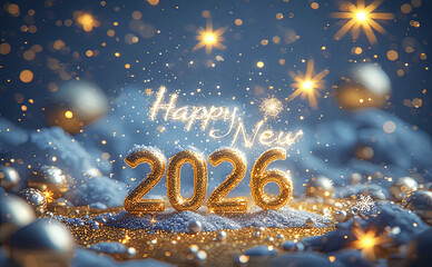 Festive Golden Happy New 2026 Holiday Greeting: 3D Sparkling Stars, Snowflakes, Glittering Particles, Dreamy Winter Aura for Celebration Cards, Party Banners, Seasonal Invites, Joyful Posters