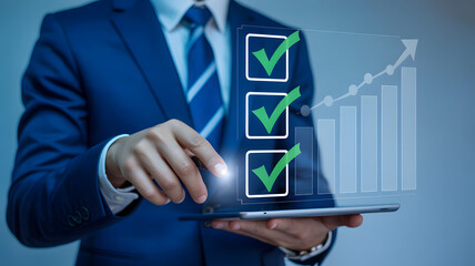 Strategic Business Planning with Growth Graph and Completed Task Checklist on Tablet Screen