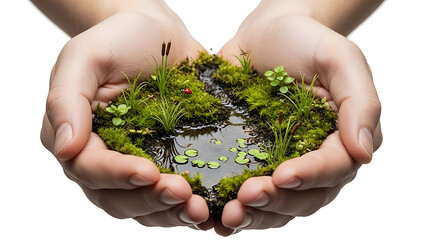 Hands holding miniature ecosystem with plants and water