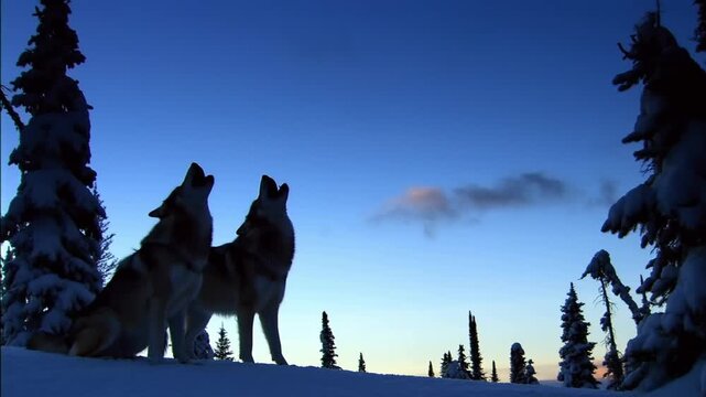 Two wolves howling together on a snow-dusted hill  at blue hour, the concept of unity, a common voice, and spiritual connection