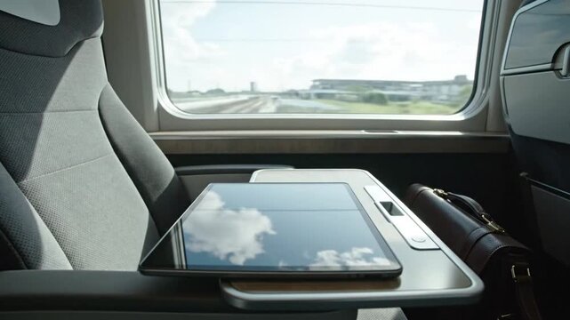 Interior view of a vehicle seat with a tablet on the tray table, showing a cloudy sky reflection, near an airplane window overlooking a runway.
