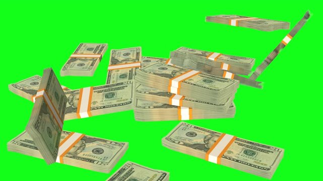 4k falling stacks of 20 dollar bills on green screen, money dropping animation, cash pile for chroma key and finance video