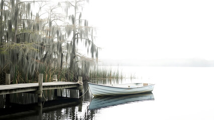 Serene lake scene with boat and dock