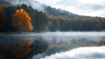 Misty autumn lake forest high resolution picture