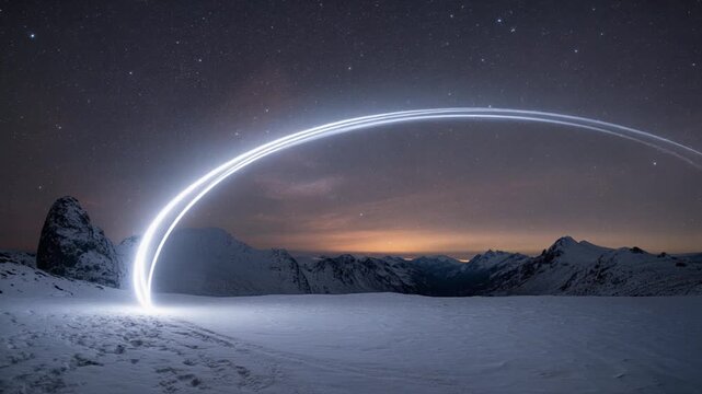 A bright white curved path sweeping gracefully like a comet trail with smooth bending and faint scattering creating surreal cosmic ambience horizon depth ethereal atmosphere