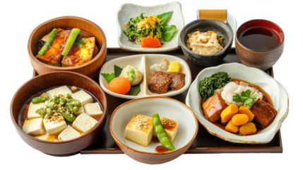 Three sets of Japanese tofu dishes prepared in different healthy styles on transparent background
