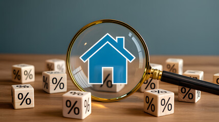 Property Search and Mortgage Rate Analysis with Magnifying Glass and Real Estate Icons