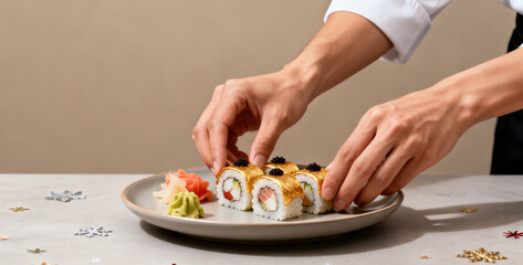 Professional Culinary Scene With Hands Arranging Sushi