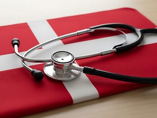 Stethoscope Lying on the Flag of Denmark, Representing Danish Healthcare and Medical System