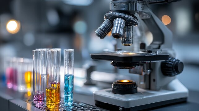 Scientist examining colorful liquids in laboratory setting with microscope