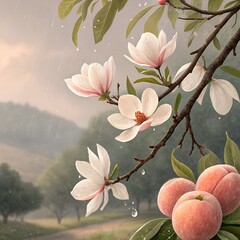 Magnolia flowers and peaches in rainy light, elegant detail, beautiful background