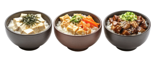 Three sets of Japanese winter comfort bowls with rice, tofu, and vegetables on transparent background