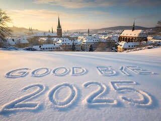 "Good Bye 2025" Written in Snow with a Beautiful Winter Cityscape and Sunset Background, Farewell to the Year
