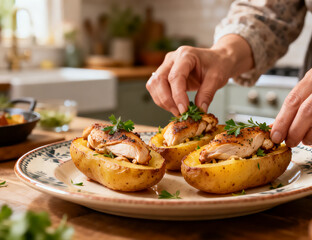 Warm celebration table presenting golden potato boats with herbs