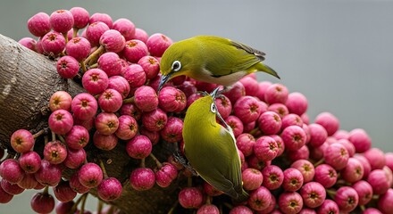 Two vibrant green white-eye birds feeding on a cluster of ripe pink berries on a tree branch.