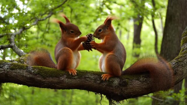 Two red squirrels sitting on a branch facing each other and sharing a pine cone in a green forest, the concept of caring, generosity and playful partnership