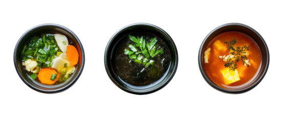 Three sets of Japanese winter detox meals with vegetable soup and steamed greens on transparent background