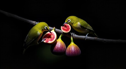 Two vibrant yellow-green white-eye birds perched on a dark branch, sharing and eating ripe figs.