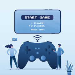 Start new game. User press button on controller or joystick for console. Female and male characters starting to play a video game together. Cyber gaming, esport © naum