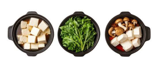 Three sets of Japanese winter hot pot ingredients with tofu, mushrooms, and vegetables on transparent background