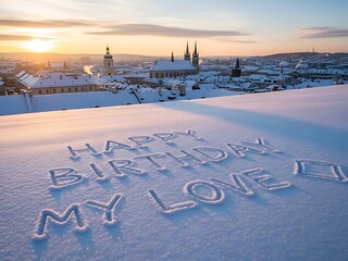 "Happy Birthday My Love" Written in Fresh Snow with Snowy Prague Cityscape at Golden Hour