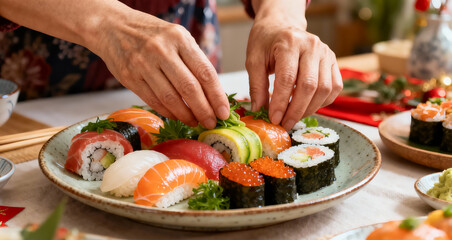 Mother Hands Plating Fresh Sushi For Warm Family Celebration