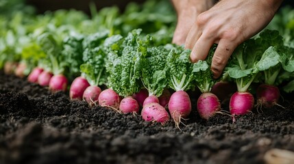 Person harvesting fresh red radishes from the rich garden soil on sunny day