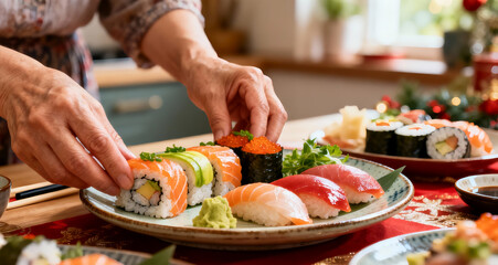 Festive Home Kitchen Moment With Hands Arranging Fresh Sushi