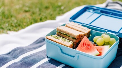 A vibrant lunch box is open, showcasing neatly stacked sandwiches alongside colorful fruit. This cheerful scene unfolds on a sunny day in the park, perfect for enjoying a picnic