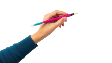 Isolated hand holding pink pen, blue section, positioned as if writing on clear surface