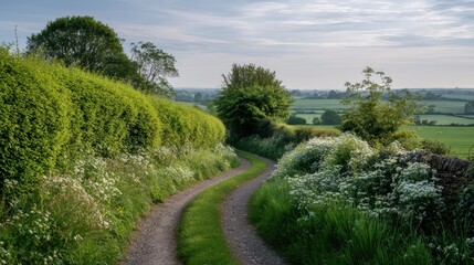 Green hedgerows framing a rural path, misty morning and distant farmland