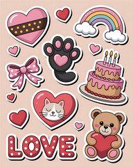 Cute cartoon hearts rainbow paw print cake and teddy bear