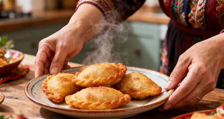Mother Hands Serving Golden Panada Pastry For Warm Family Celebration