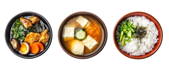 Three sets of Japanese winter meals with miso soup, steamed rice, and vegetables on transparent background