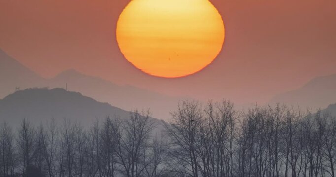 extreme telephoto time lapse of a vivid orange winter sunset sinking behind distant forested mountains, silhouetted trees against a dramatic crimson sky.