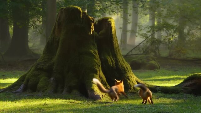 Two red foxes playing chase around a mossy tree stump in a misty morning forest, the concept of playfulness, lightness and joy in relationships