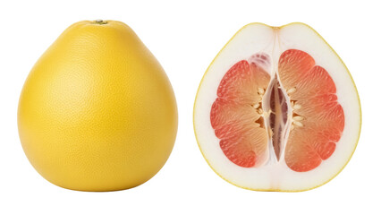 Isolated pomelo, citrus fruit, whole and halved, showing juicy red sections on the inside